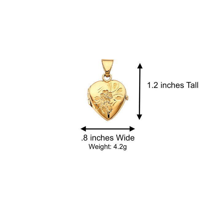 14k Gold Flower Engraved Picture Heart Locket Pendant with Solid Chain - LE-2572