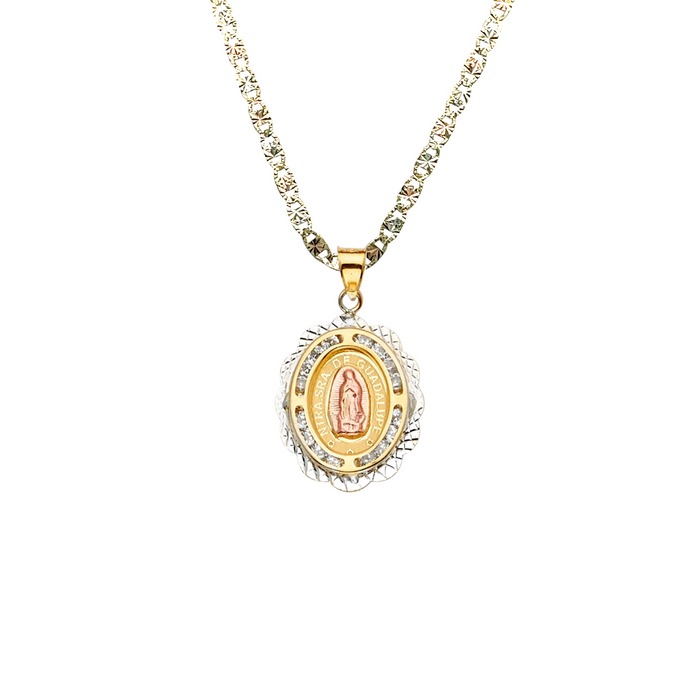 14k Virgin Mary Gold Pendant Oval Gemstones with Solid Chain - LE-2301