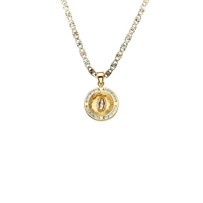 14k Virgin Mary Gold Pendant Round with Gemstones and Solid Chain - LE-2308