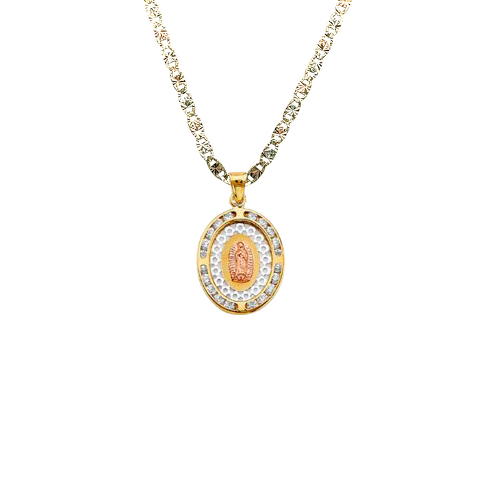 14k Virgin Mary Gold Pendant Oval Gemstones with Solid Chain - LE-1303