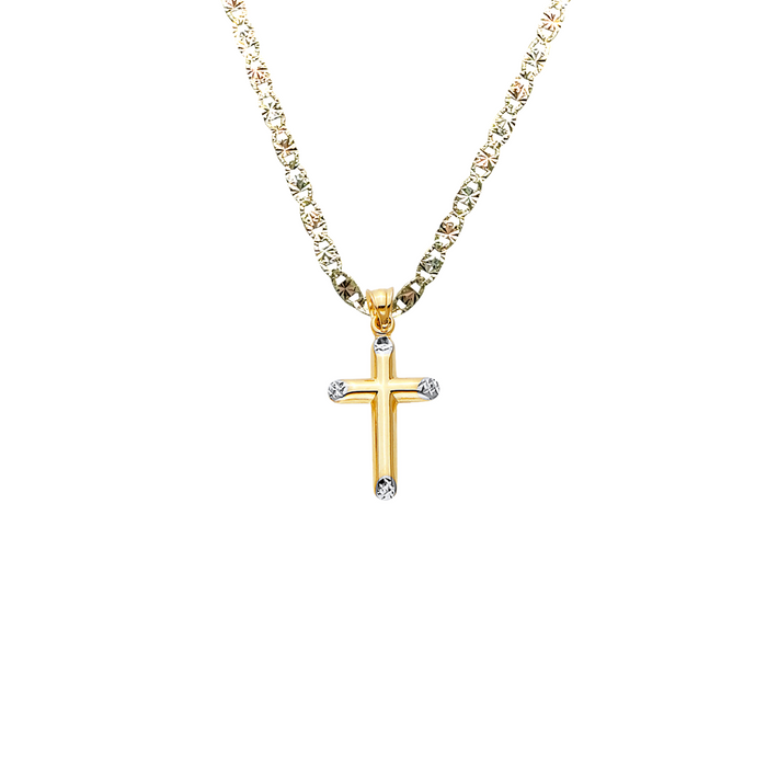 14k Gold Two Tone Cross Pendant with Solid Chain - LE-2535