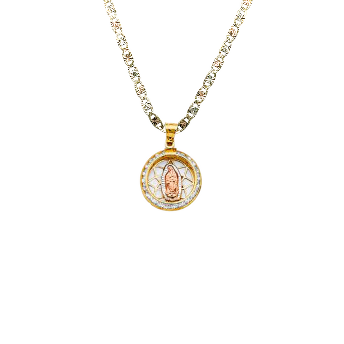 14k Virgin Mary Gold Pendant Round with Gemstones and Solid Chain - LE-2725