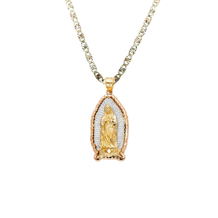 14k Virgin Mary Pendant White Gold Radiant Background and Solid Chain - LE-PT384