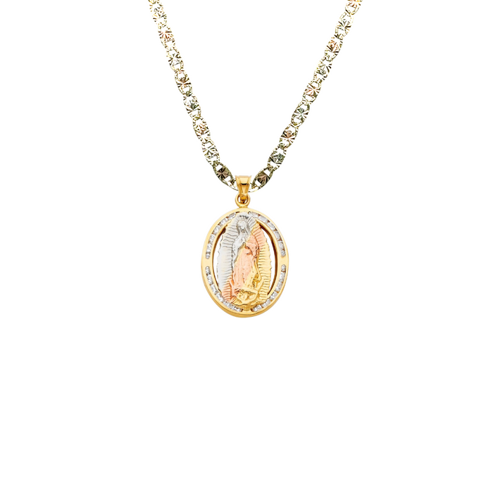 14k Virgin Mary Gold Pendant Oval Gemstones with Solid Chain - LE-805