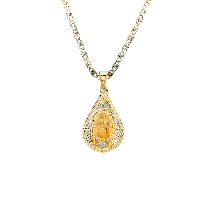 14k Virgin Mary Yellow Gold Teardrop Pendant with Solid Chain - LE-347