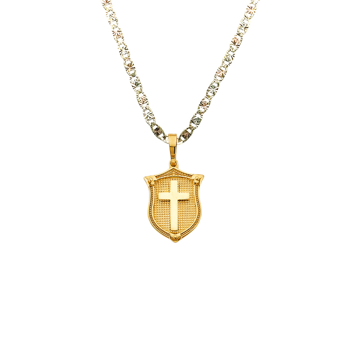 14k Gold Shield with Cross Pendant with Solid Chain - LE-2735