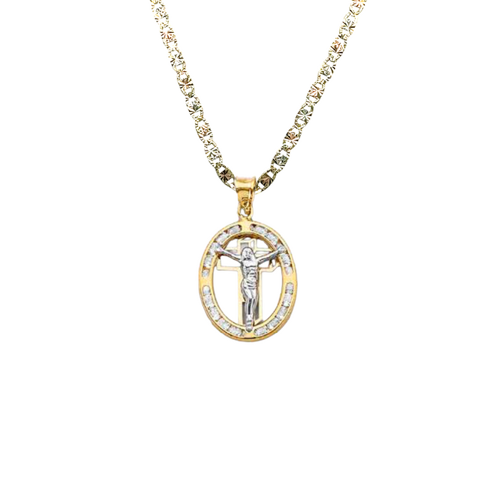 14k Jesus Christ Oval Cross Gemstone Gold Pendant with Solid Chain - LE-1307