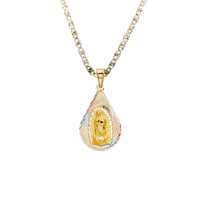 14k Virgin Mary TriColor Gold Teardrop Pendant with Solid Chain - LE-342