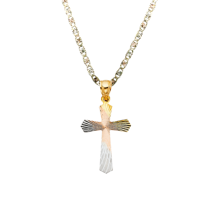 14k Gold Tri Tone Cross Pendant with Solid Chain - LE-1419