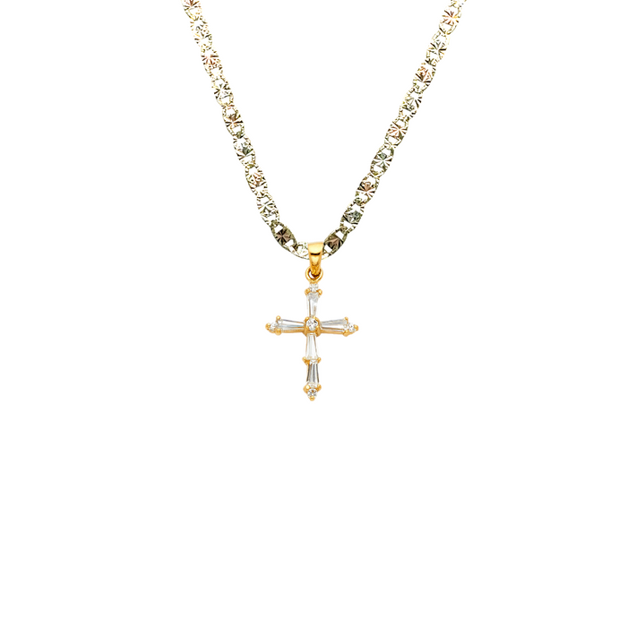 14k Gold Small Baguette Gemstone Cross Pendant with Solid Chain - LE-0538