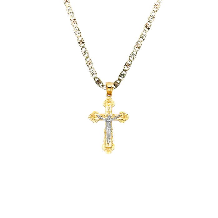 14k Two Tone Gold Ornate Jesus Cross Pendant with Solid Chain - LE-0863