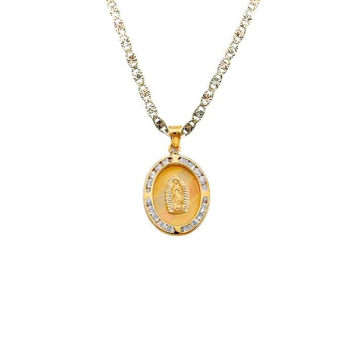 14k Virgin Mary Gold Pendant Oval Gemstones with Solid Chain - LE-1305