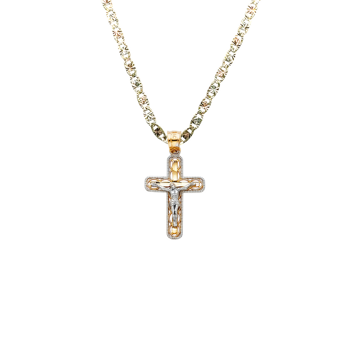 14k Gold Two Tone Jesus Cross Pendant with Solid Chain - LE-0066