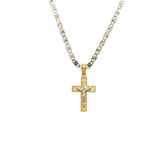 14k Gold Two Tone Jesus Cross Pendant with Solid Chain - LE-0071