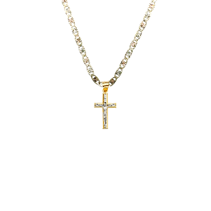 14k Gold Small Gemstone Jesus Cross Pendant with Solid Chain - LE-2199