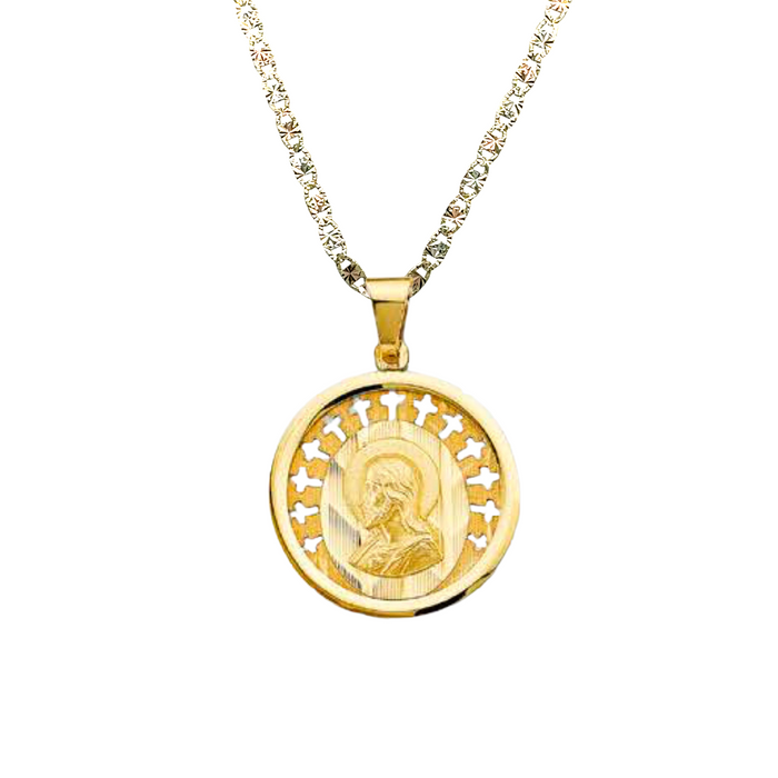 14k Jesus Christ Round Gold Pendant with Solid Chain - LE-3057