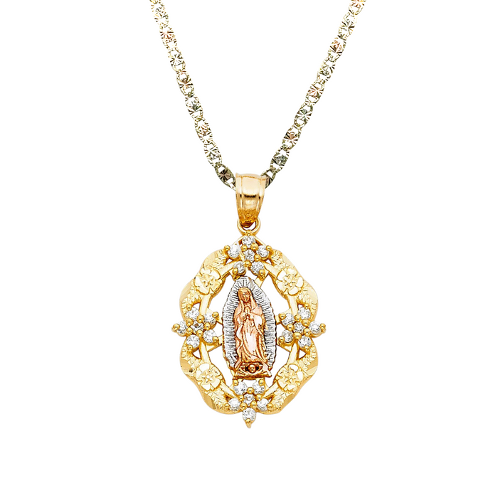 14k Virgin Mary Pendant with Surrounding Flowers and Solid Chain