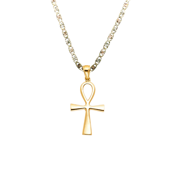 14k Gold Ankh Egyptian Cross Pendant with Solid Chain - LE-0922