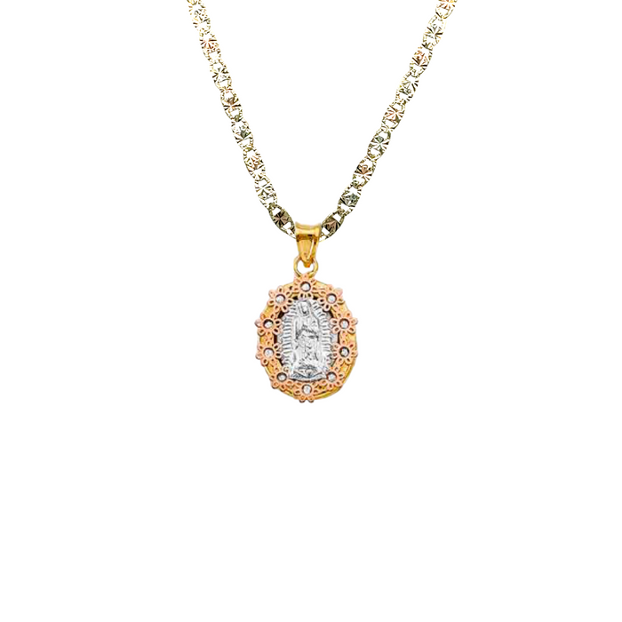 14k Virgin Mary Gold Flower Pendant with Gemstones and Solid Chain - LE-1320