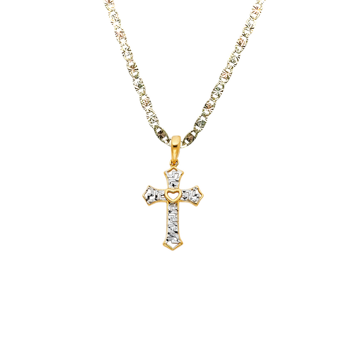 14k Gold Two Tone Heart Cross Pendant with Solid Chain - LE-0761