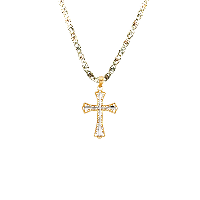 14k Gold Two Tone Cross Pendant with Solid Chain - LE-0919