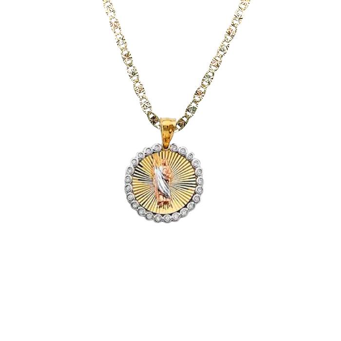 14k San Judas Round Gemstone Gold Pendant with Solid Chain - LE-2911