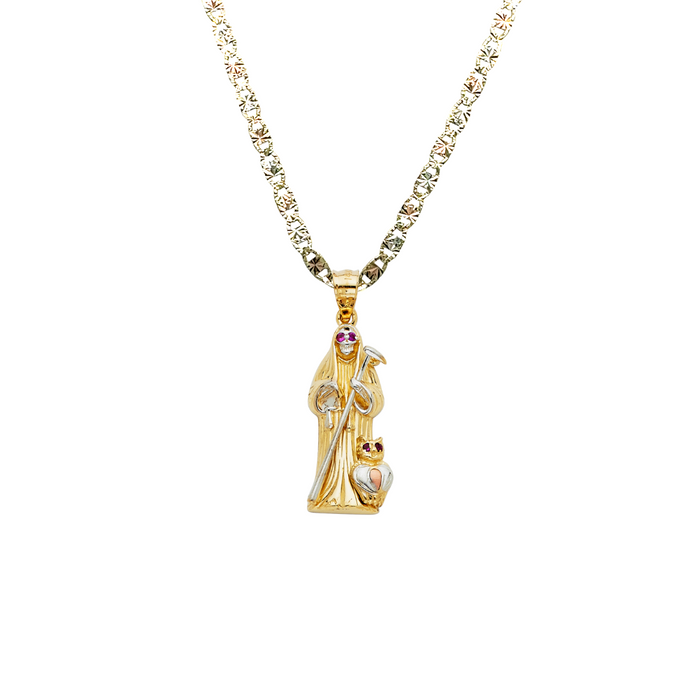 14k Santa Muerte Gold Pendant with Gemstone Eyes and Solid Chain - LE-2126