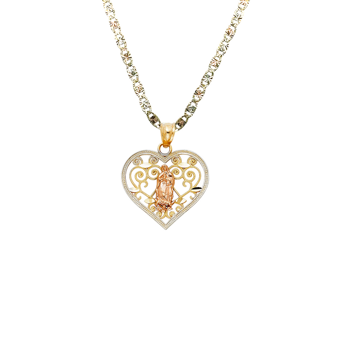 14k Virgin Mary Heart Pendant with Solid Chain - LE-PT386