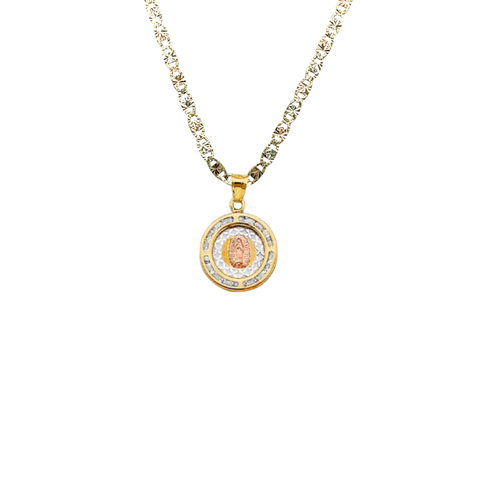 14k Virgin Mary Gold Pendant Round with Gemstones and Solid Chain - LE-1311