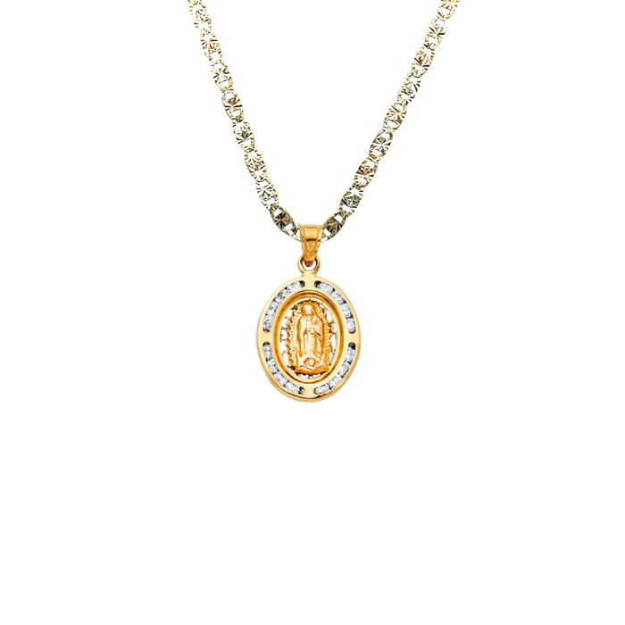 14k Virgin Mary Gold Pendant Oval Gemstones with Solid Chain - LE-192