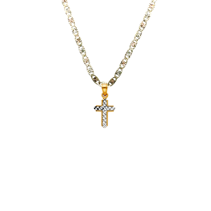 14k Gold Two Tone Small Cross Pendant with Solid Chain - LE-0133