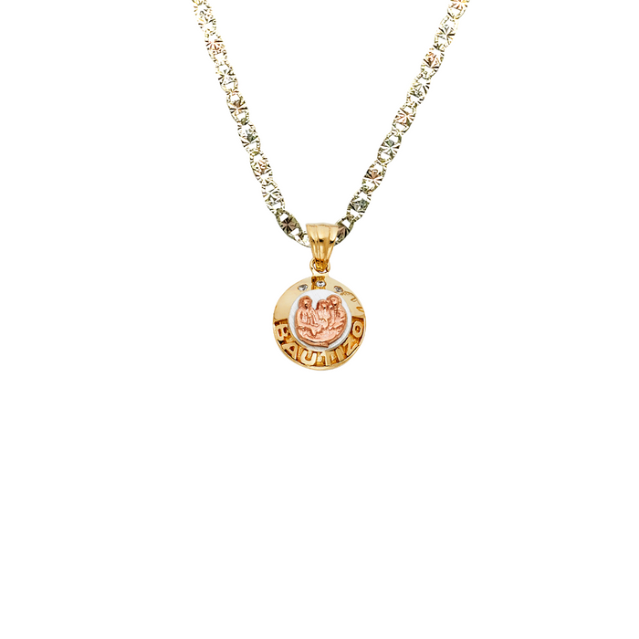 14k Bautizo Gold Pendant with Gemstones and Solid Chain - LE-1451