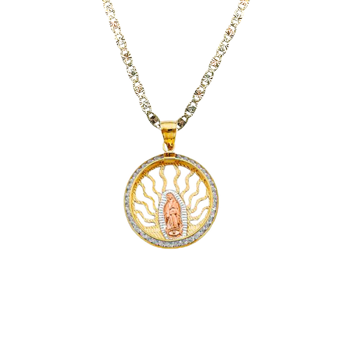 14k Virgin Mary Gold Pendant Round Gemstones with Solid Chain - LE-2721