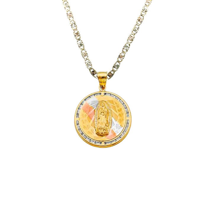 14k Virgin Mary Gold Pendant Round Gemstones with Solid Chain - LE-2722