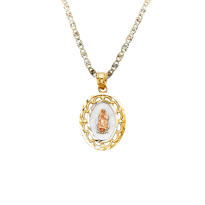 14k Virgin Mary Oval Pendant with Solid Chain - LE-PT380