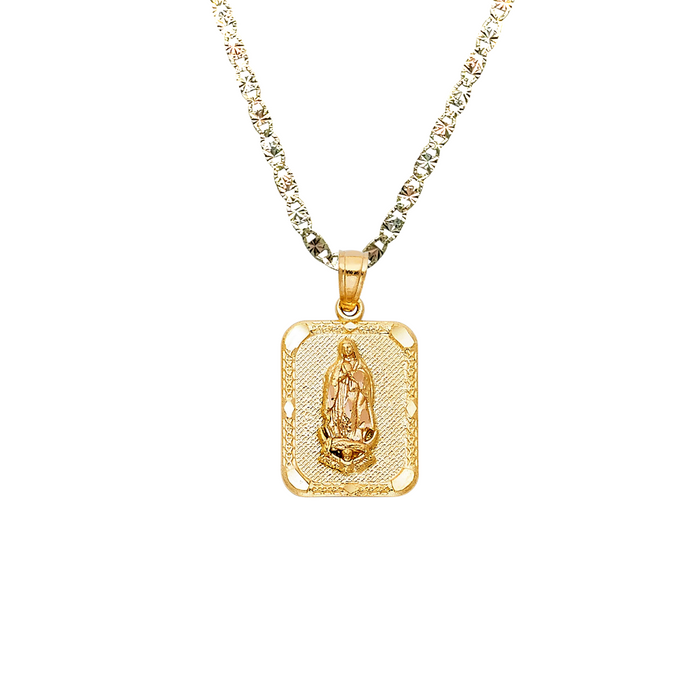 14k Virgin Mary Rectangle Textured Pendant with Solid Chain - LE-PT1122