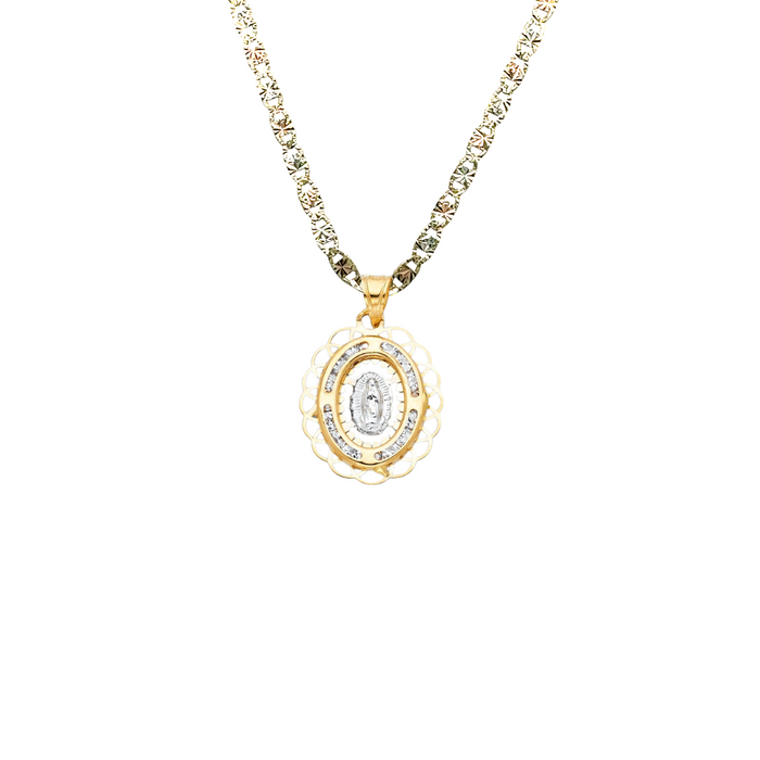 14k Virgin Mary Gold Pendant with Gemstones and Solid Chain - LE-808