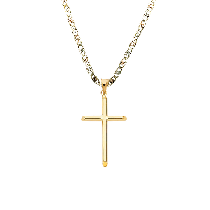 14k Gold Hollow Tube Cross Pendant with Solid Chain - LE-0015