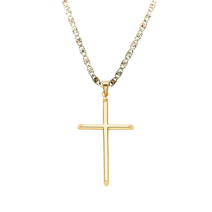 14k Gold Large Tube Cross Pendant with Solid Chain - LE-0014