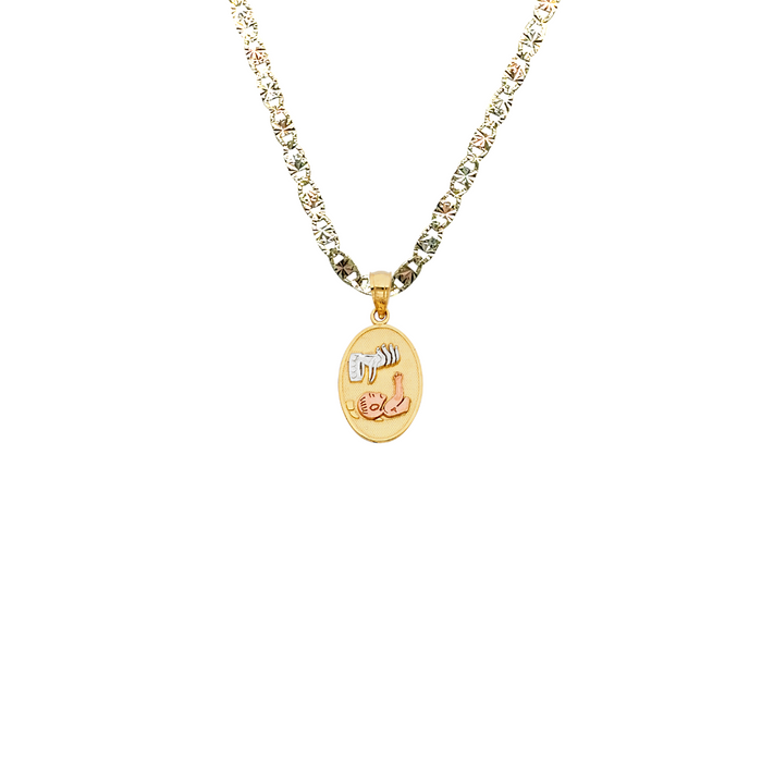 14k Baptism Tri Color Gold Oval Pendant with Solid Chain - LE-255