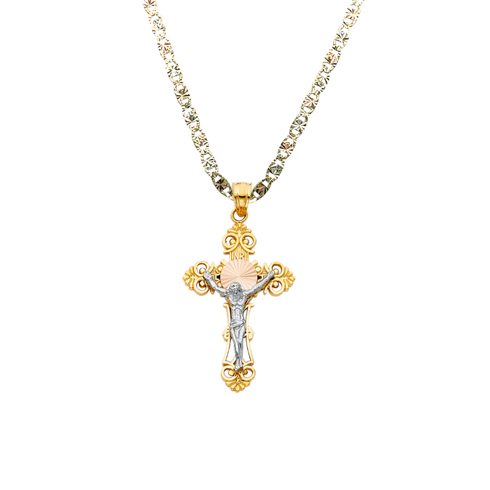 14k Three Color Gold Ornate Jesus Cross Pendant with Solid Chain - LE-0061