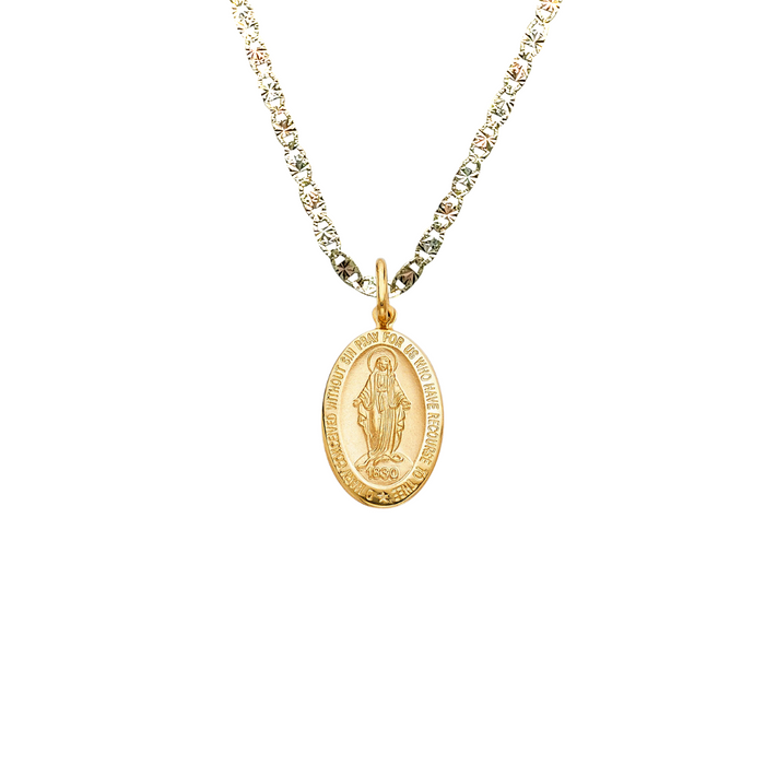 14k Virgin Mary La Milagrosa Yellow Gold Oval Pendant with Solid Chain - LE-276