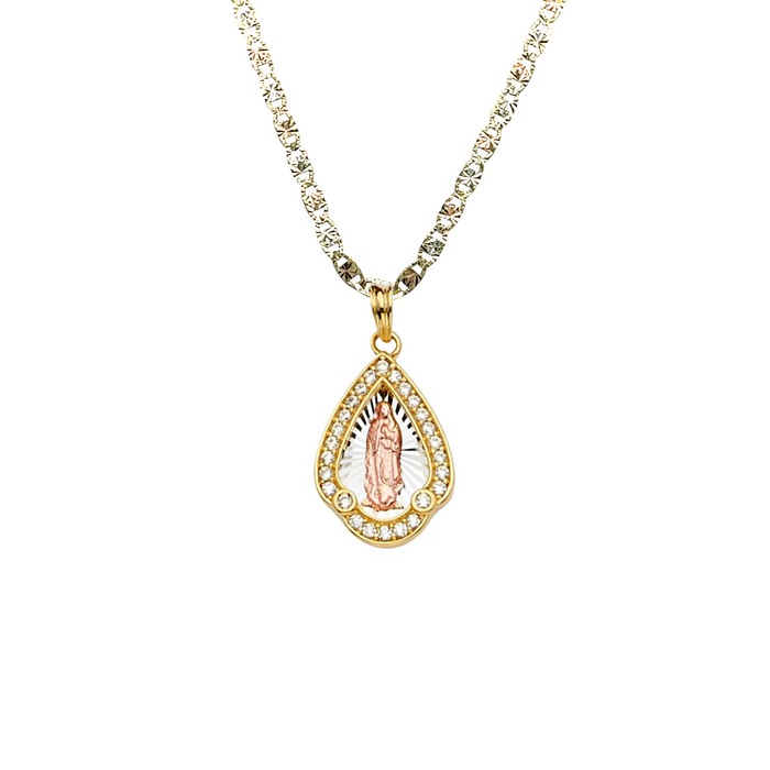 14k Virgin Mary Pendant with Gemstone Bezel and Solid Chain - LE-PT2294