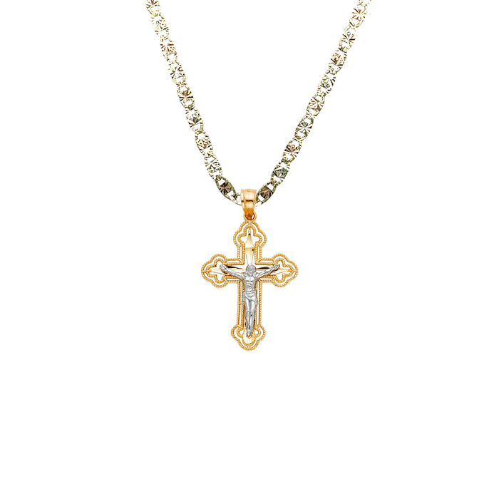 14k Gold Two Tone Beaded Edge Jesus Cross Pendant with Solid Chain - LE-0063