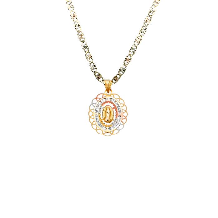 14k Virgin Mary Gold Pendant with Gemstones and Solid Chain - LE-807