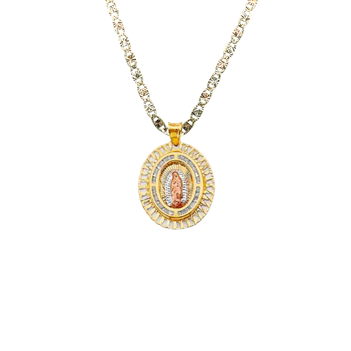 14k Virgin Mary Gold Pendant Oval Gemstones with Solid Chain - LE-2724