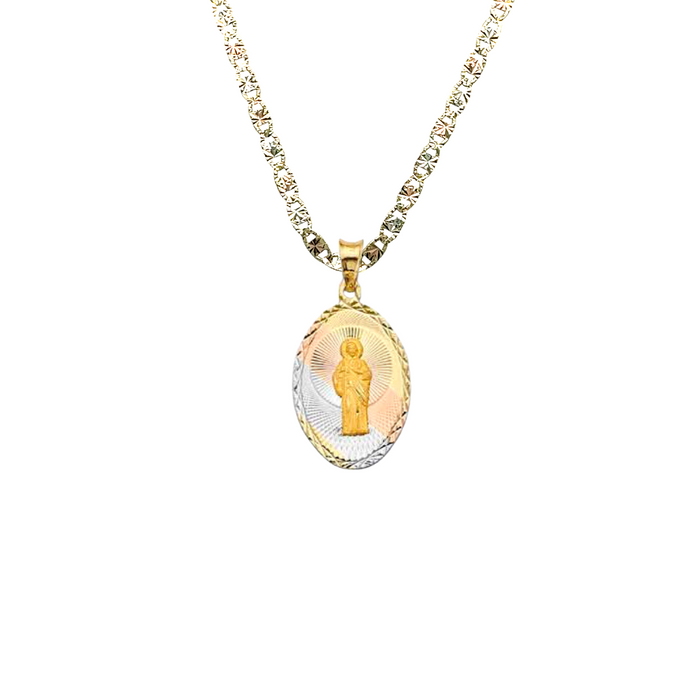 14k San Judas TriColor Gold Oval Pendant with Solid Chain - LE-2879