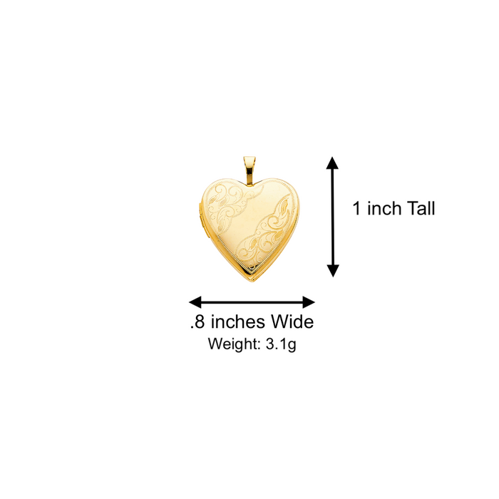 14k Gold Engraved Picture Heart Locket Pendant with Solid Chain - LE-0619