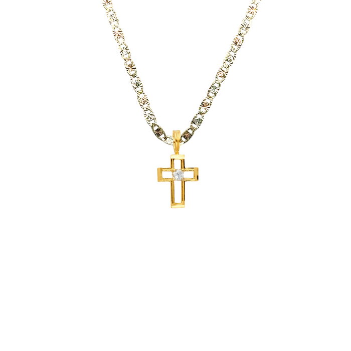 14k Gold Small Gemstone Cross Pendant with Solid Chain - LE-1067