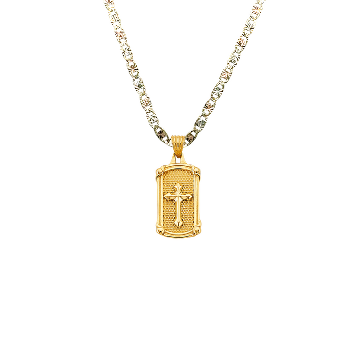 14k Gold Frame Shield with Cross Pendant with Solid Chain - LE-2736